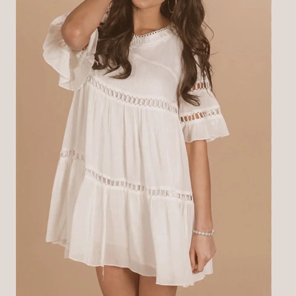 LISTICLE Ivory Babydoll Dress 3/4 Sleeves Key Hole Back Size Medium